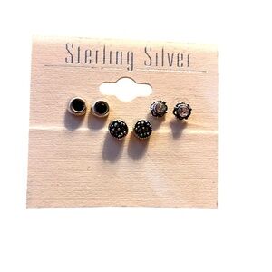 Black Crystal and Sterling Silver Earrings Set of Three 3